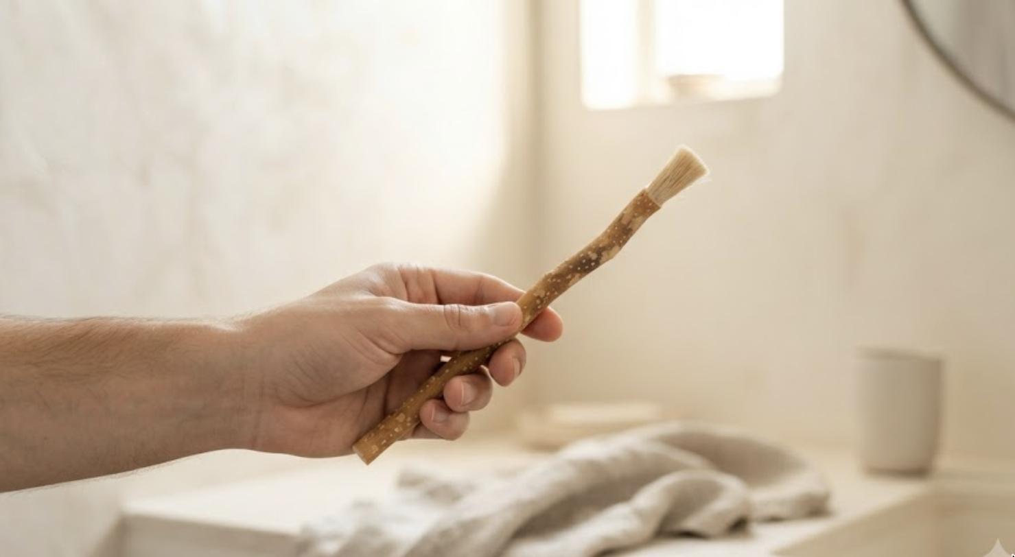 Hand holding a miswak stick in front of a bright bathroom mirror